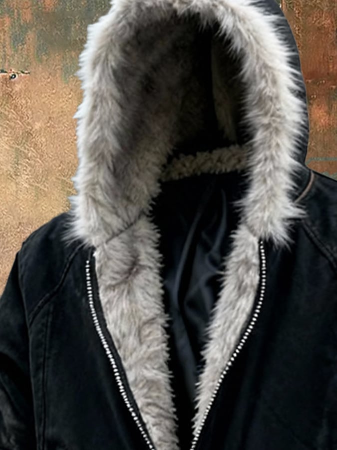 Ryszard™ - Kurtka typu skórzana z kapturem z futra