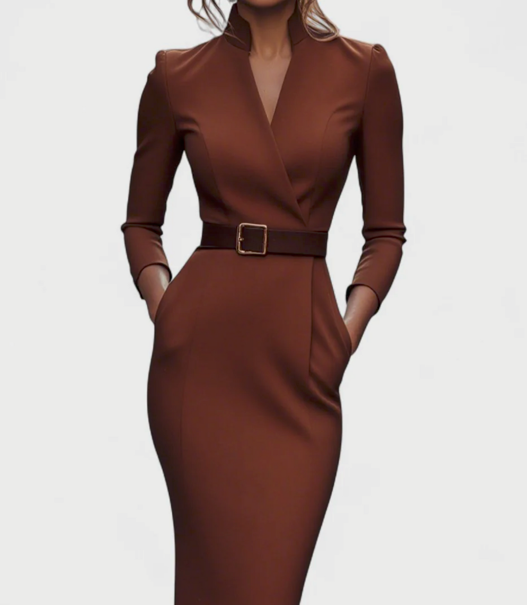 Mandarin™ – Elegancka czarna sukienka z paskiem i kołnierzykiem