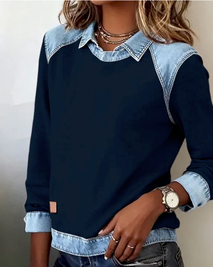 Kya™ - sweter polo z detalami z denimu