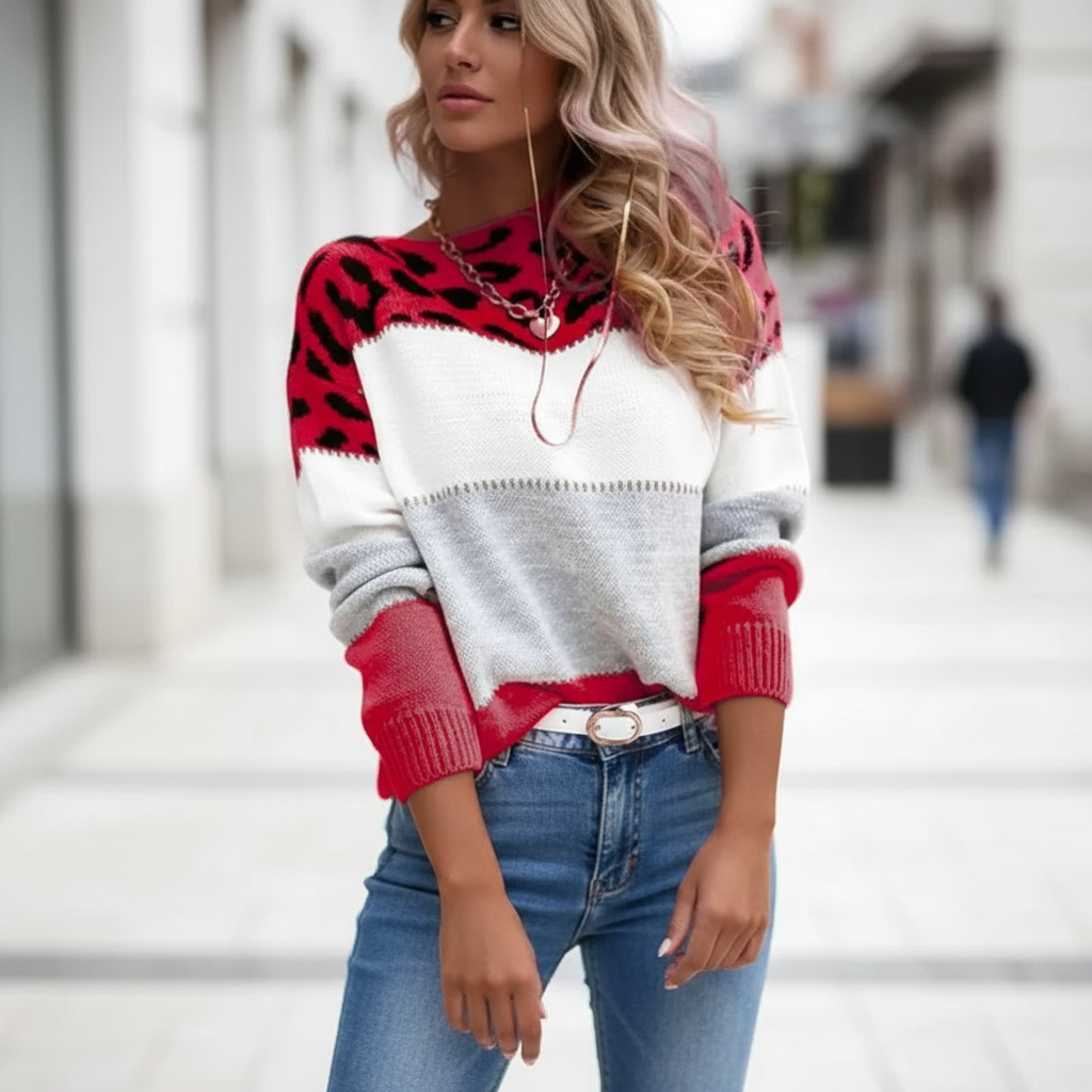 Tanja™ – Damski sweter z panterkowym wzorem i okrągłym dekoltem